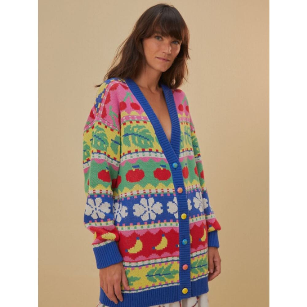 FARM RIO Sweet Orchard Chunky Knit Cardigan Cozy Oversized Fruit Floral Sweater